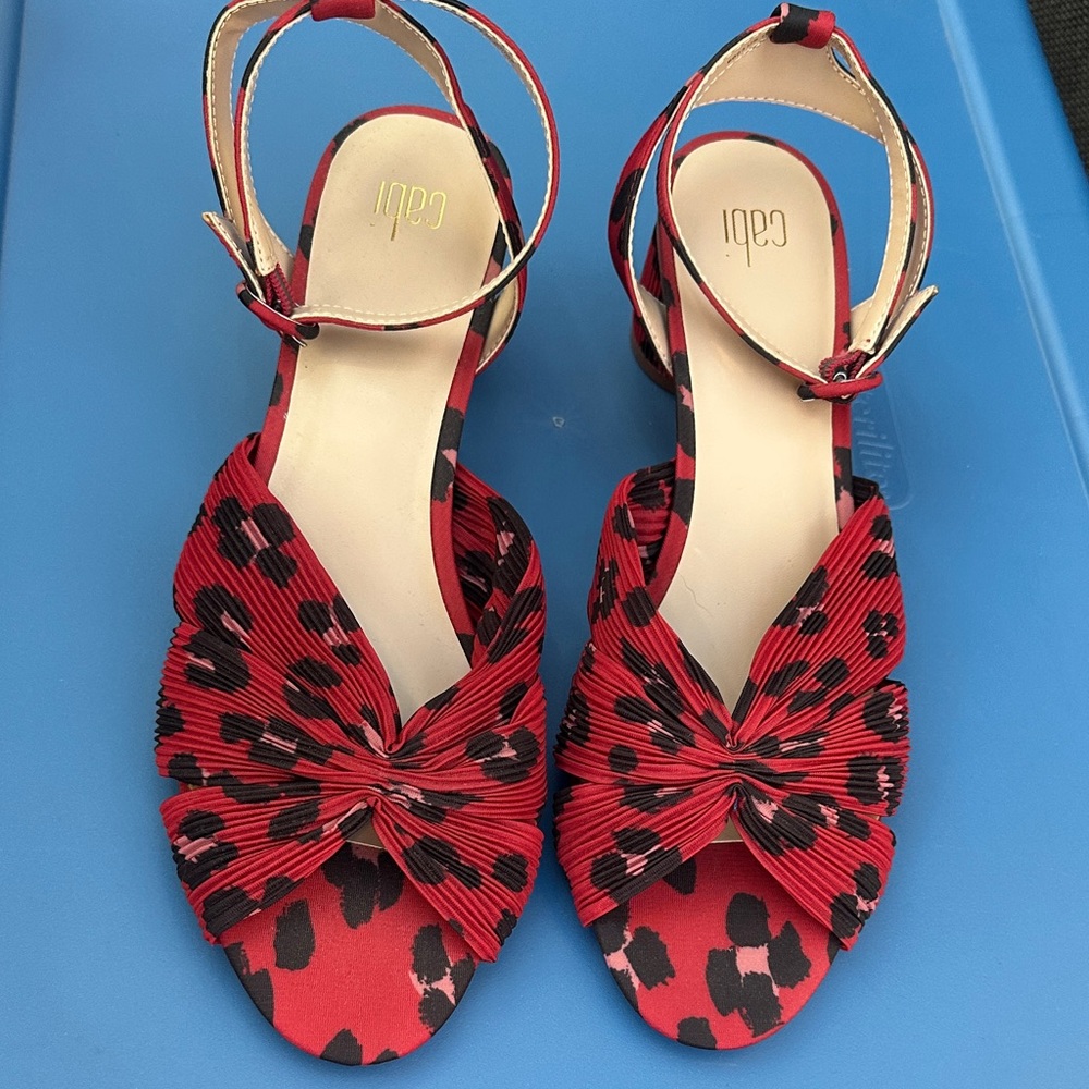 Cabi Red leopard print open toe heels